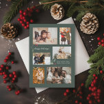 Touch of Holly Minimal Photo Collage Green Holiday Card<br><div class="desc">6 photo areas in various orientations; green "frame" can be changed to any colour in the editor; more or scale holly accents to suit your text and photos. Choose your own fonts too! Add a message to the back or more photos if desired.</div>