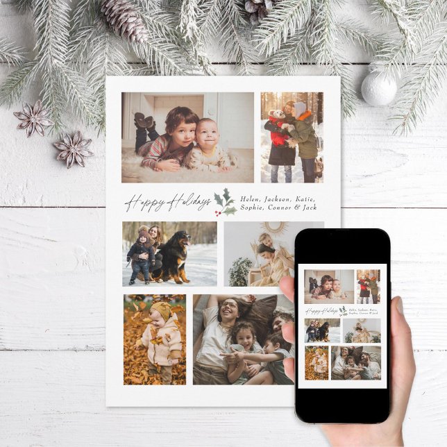 Touch of Holly Minimal Photo Collage Happy Holiday Card (Creator Uploaded)