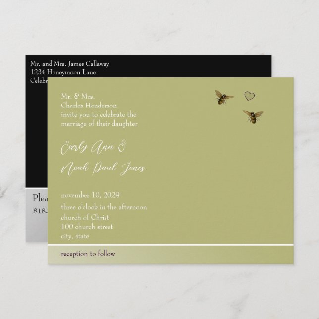 Touch of Lime Vintage Bees Wedding Invitation (Front/Back)