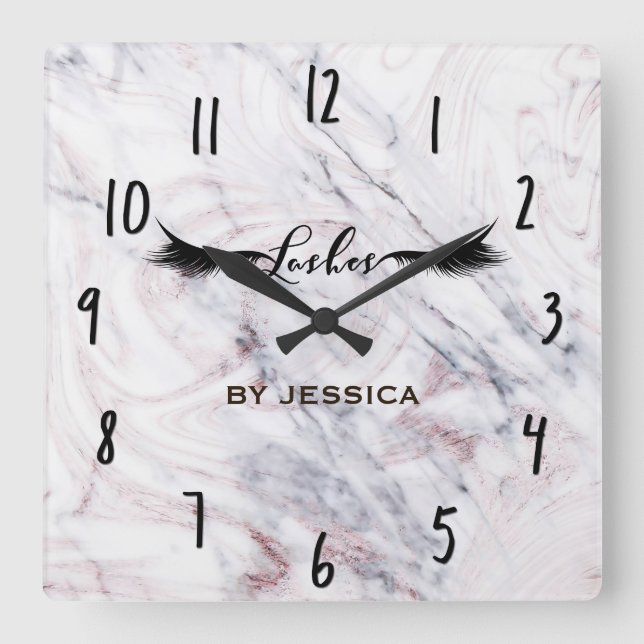Touch of Rose Marble Lashes Salon Personalised Square Wall Clock (Front)