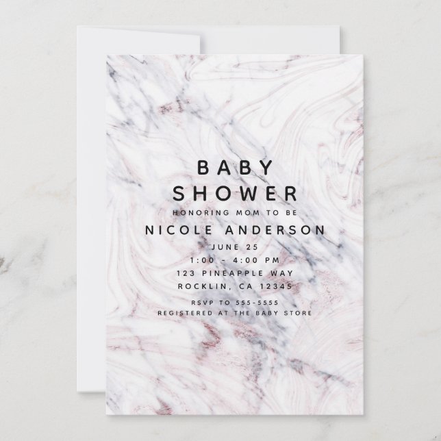 Touch of Rose White Grey Marble Swirl Baby Shower Invitation (Front)
