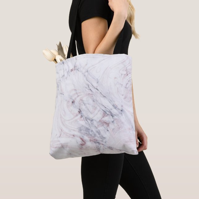 Touch of Rose White Grey Marble Swirl Chic Trendy Tote Bag (Close Up)