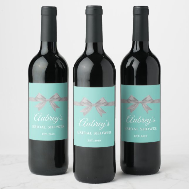 Touch Of Silver Bridal & Shower Teal Blue Party Wine Label (Bottles)