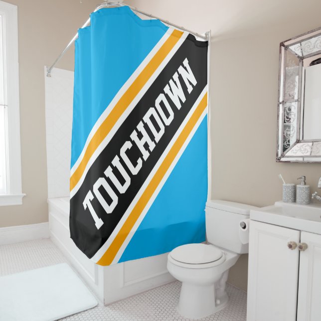 TOUCHDOWN Azure Blue Yellow Black Racing Stripes Shower Curtain (In Situ)