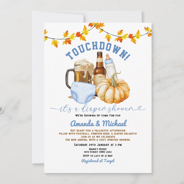 Touchdown it's a diaper shower Pumpkin Beer Fall Invitation (Front)