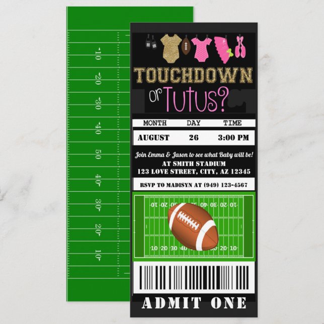 Touchdown or Tutus Football Ticket Gender Reveal Invitation (Front/Back)