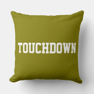 TOUCHDOWN Sporty White Football Text On Olive Cushion