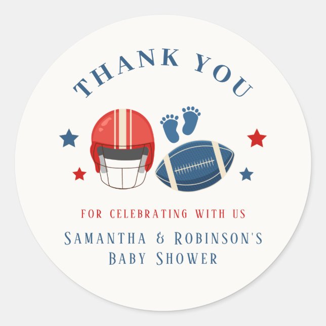 Touchdowns and Tiny toes, Football baby shower Classic Round Sticker (Front)