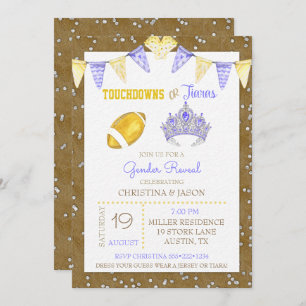 Touchdowns or Tiaras Yellow Purple Gender Reveal Invitation