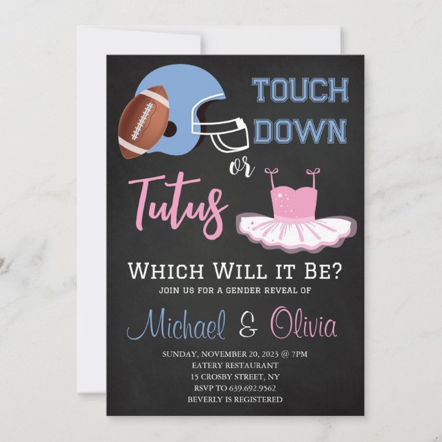 TOUCHDOWNS OR TUTUS Gender Reveal Baby Shower Invitation (Front)