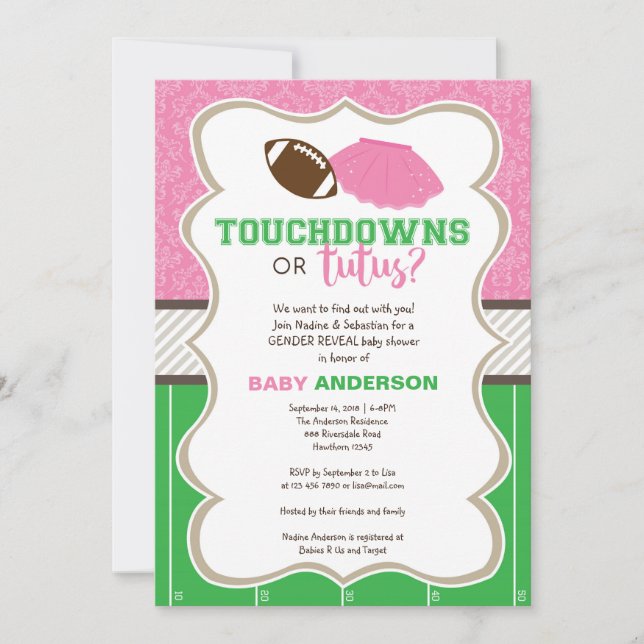 Touchdowns or tutus gender reveal invitation (Front)