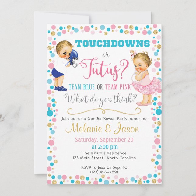 Touchdowns or Tutus Gender Reveal Invitation (Front)