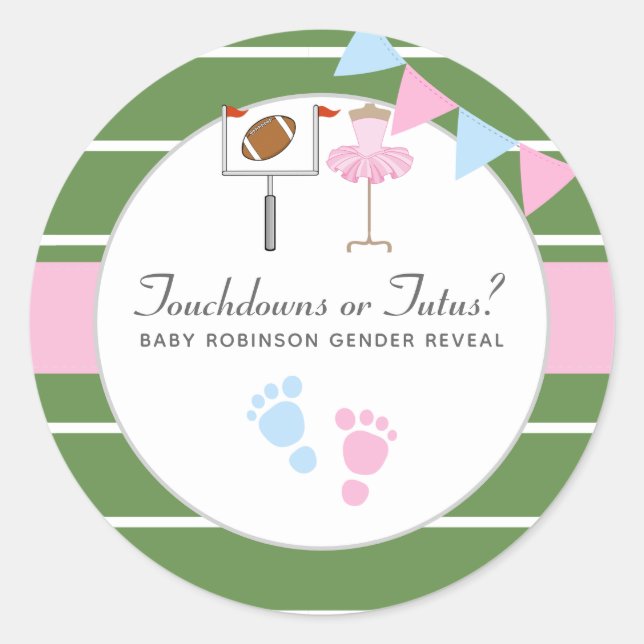 Touchdowns or Tutus Gender Reveal Party Classic Round Sticker (Front)