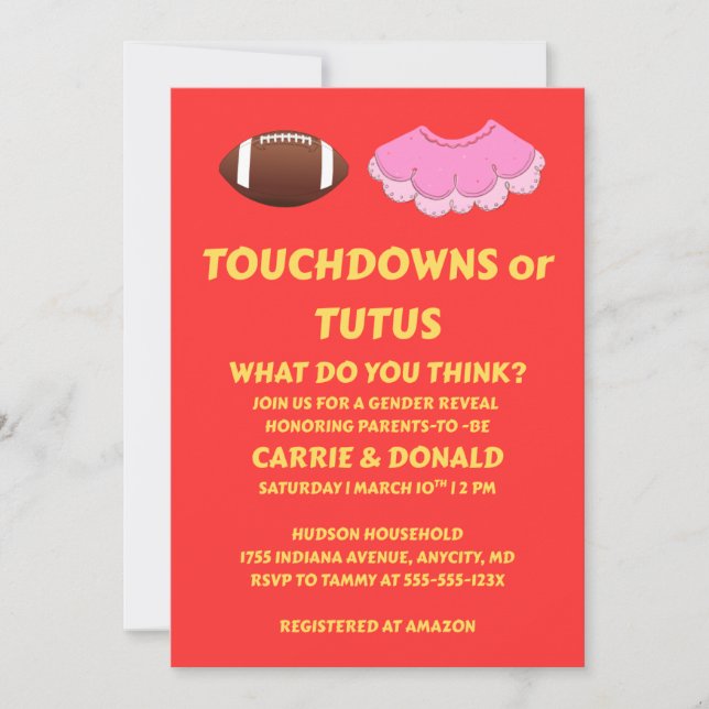 Touchdowns or Tutus Gender Reveal Party Invitation (Front)