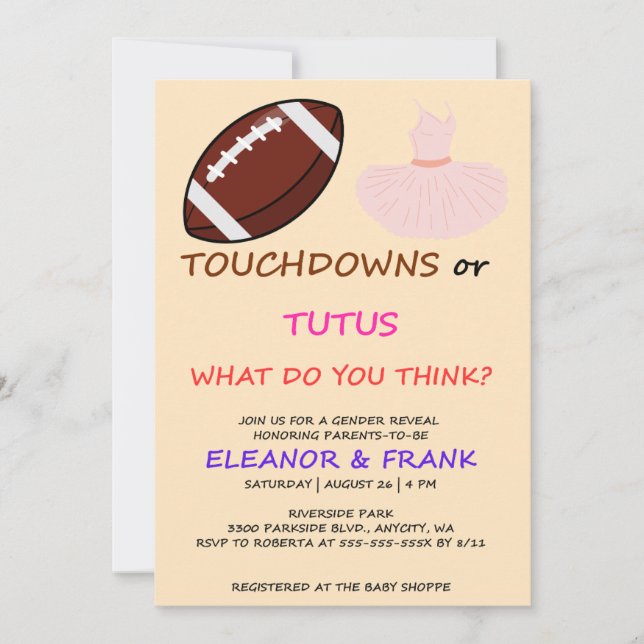 Touchdowns or Tutus Gender Reveal Party Invitation (Front)