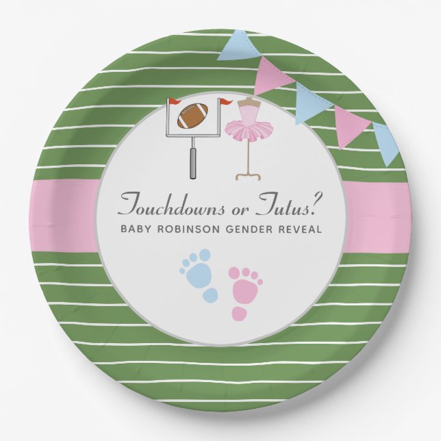Touchdowns or Tutus Gender Reveal Party Paper Plate (Front)