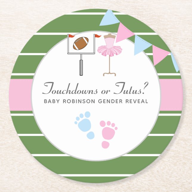 Touchdowns or Tutus Gender Reveal Party Round Paper Coaster (Front)