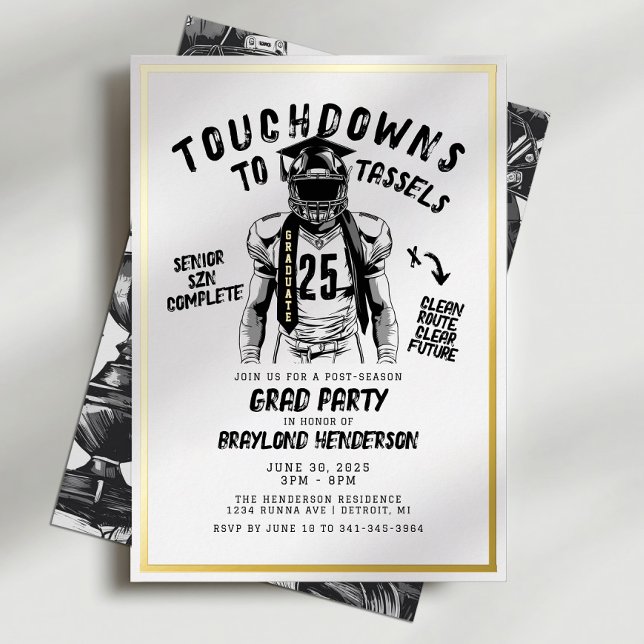 Touchdowns to Tassels Football Grad Party (Gold Foil Football Graduation Invitation)