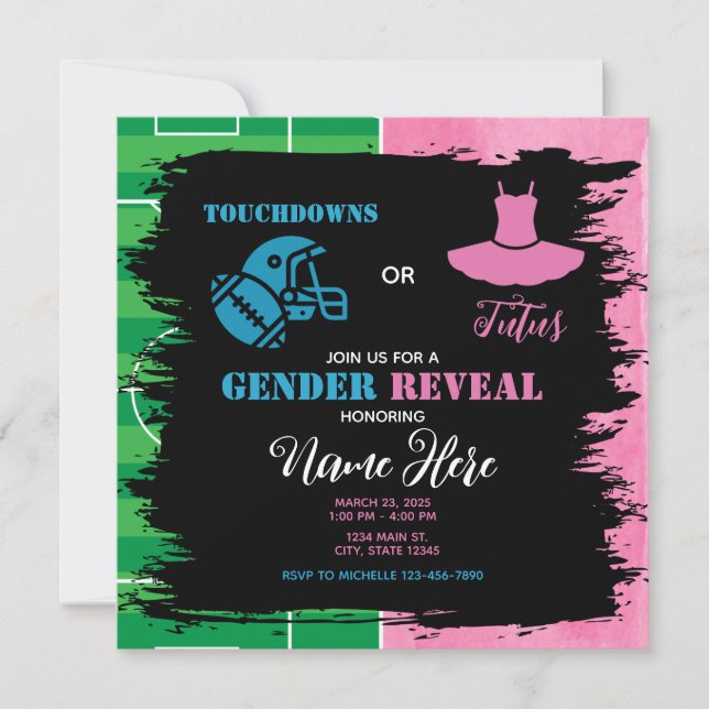 Touchdowns Tutus Pink Blue Gender Reveal Invitation (Front)