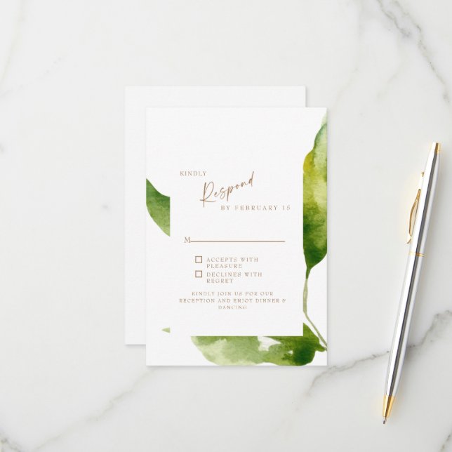 Touches of Spring Foliage Gold & White RSVP Card (Front/Back In Situ)