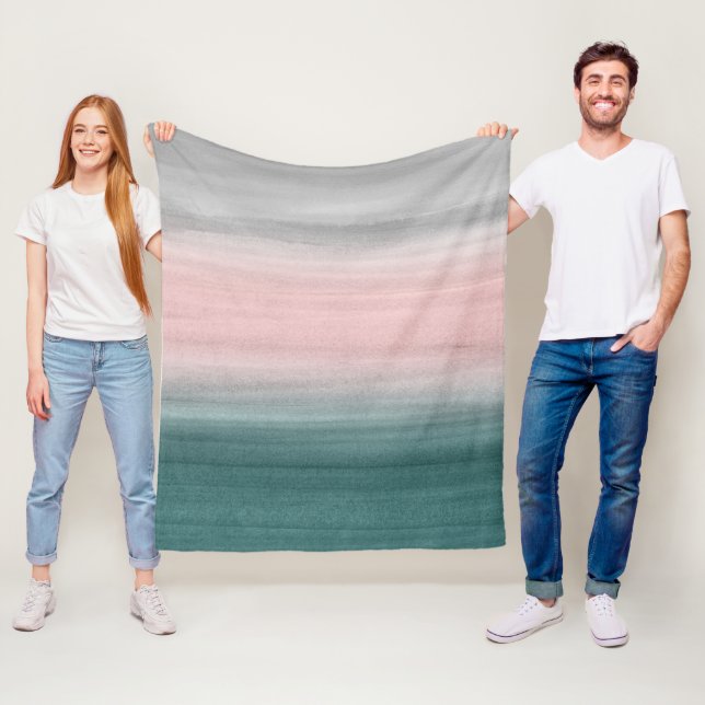 Touching Teal Blush Gray Watercolor Abstract #1 Fleece Blanket (In Situ)