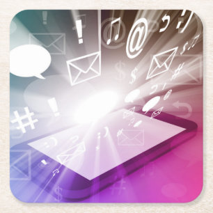 Touchscreen Smart Phone Downloading Apps and Cloud Square Paper Coaster