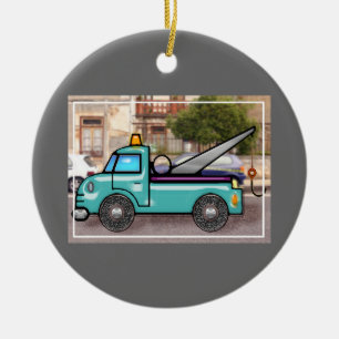 Tough Blue Tow Truck in the Street Ceramic Tree Decoration