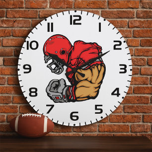 Tough Football Warrior Mascot Red Helmet Muscle  Large Clock