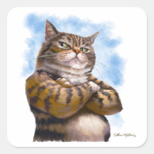 Tough Tabby Cat Cartoon Square Sticker