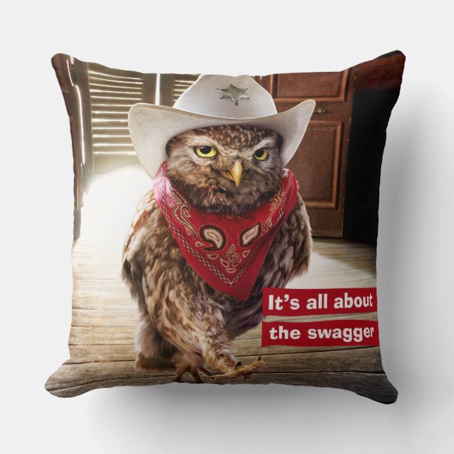 Tough Western Sheriff Owl with Attitude & Swagger Cushion (Front)