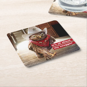 Tough Western Sheriff Owl with Attitude & Swagger Square Paper Coaster