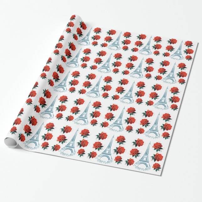 Tour Eiffel | Red Flowers Wrapping Paper (Unrolled)