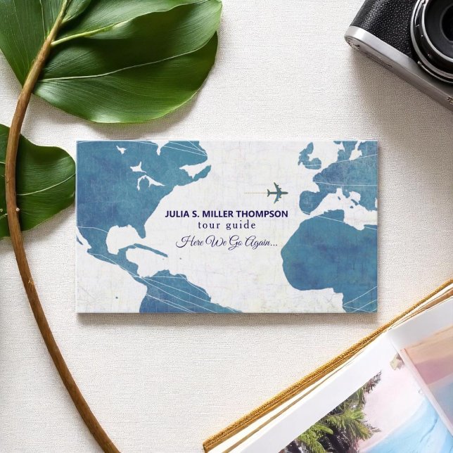 Tour Guide Watercolor Blue Map Business Card (Creator Uploaded)