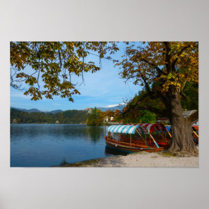 Tourist boats in Lake Bled in autumn Poster