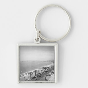Tourist complex view at seashore B&W Key Ring