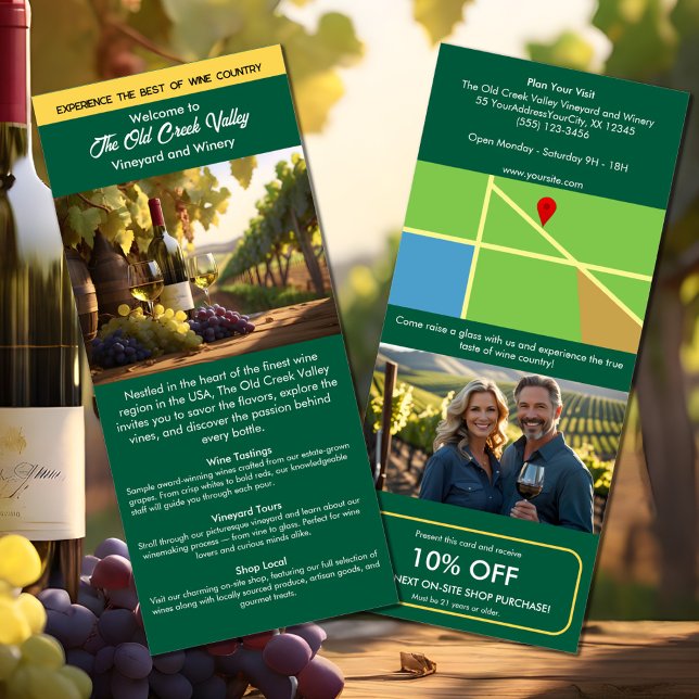 Tourist info marketing vineyard winery green rack card (Creator Uploaded)
