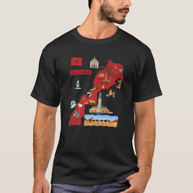 Tourist Map Of Morocco Major Cities Flag Symbols T-Shirt (Front)