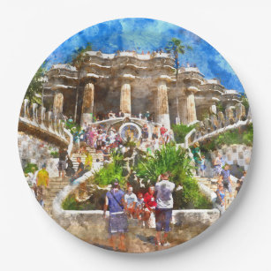 Tourists at Parc Guell in Barcelona Spain Paper Plate
