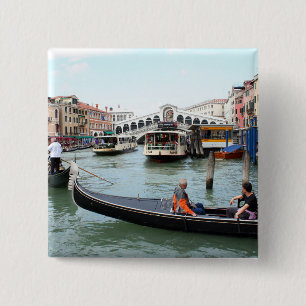Tourists in Gondola look at Rialto Bridge, Venice 15 Cm Square Badge