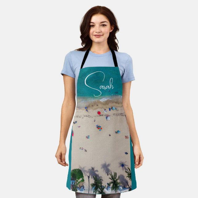 Tourists Sunbathing Photo with Ocean Monogram Name Apron (Worn)