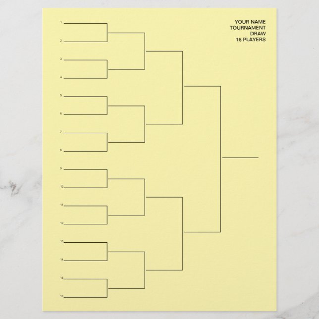 Tournament draw template sheet for 16 players custom letterhead (Front)