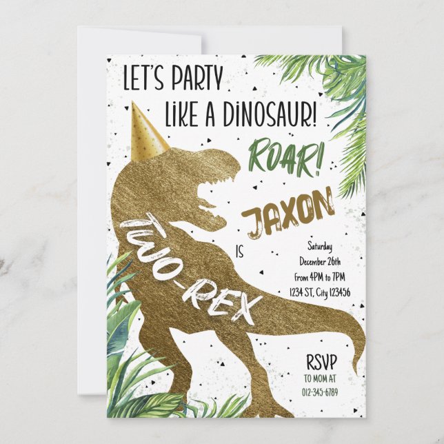 Tow-Rex Dinosaur Gold Second Birthday Party  Invitation (Front)