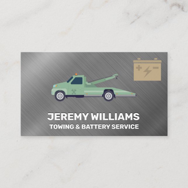 Tow Truck and Battery | Metallic Brushed Business Card (Front)