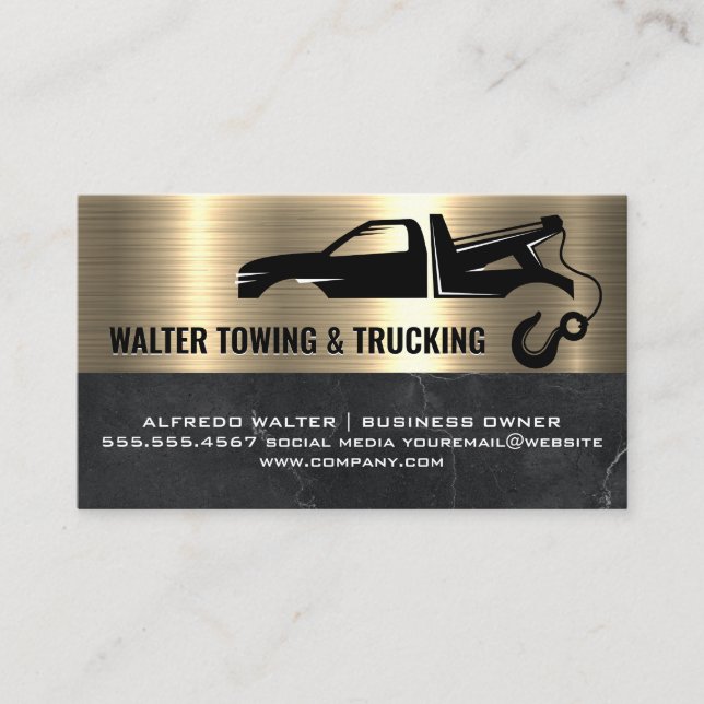 Tow Truck and Hook | Metallic Gold Marble Business Card (Front)