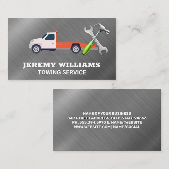 Tow Truck Services | Metallic | Hammer Wrench Logo Business Card (Front/Back)