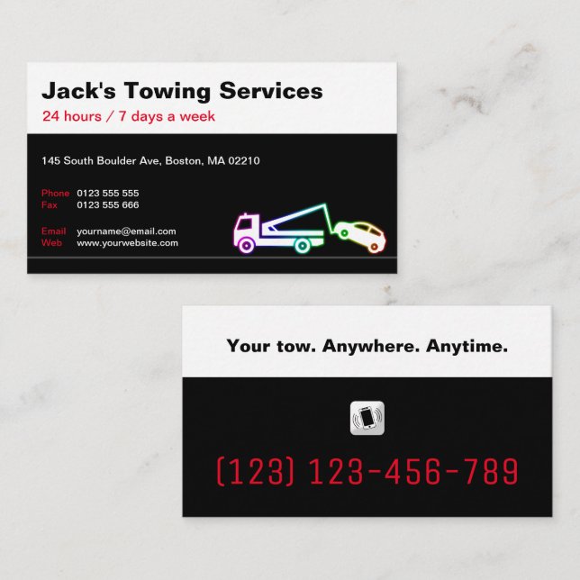 Tow Truck Services | Your tow Anywhere Anytime Business Card (Front/Back)
