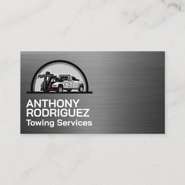 Tow Trucking Business Logo | Metallic Brushed Business Card (Front)