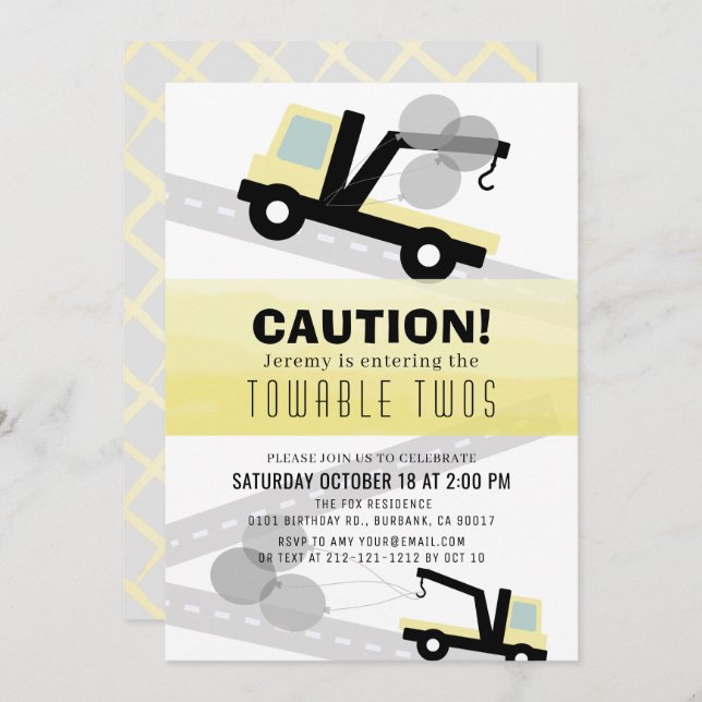 Towable Twos Wrecker 2nd Birthday Invitation (Front/Back)