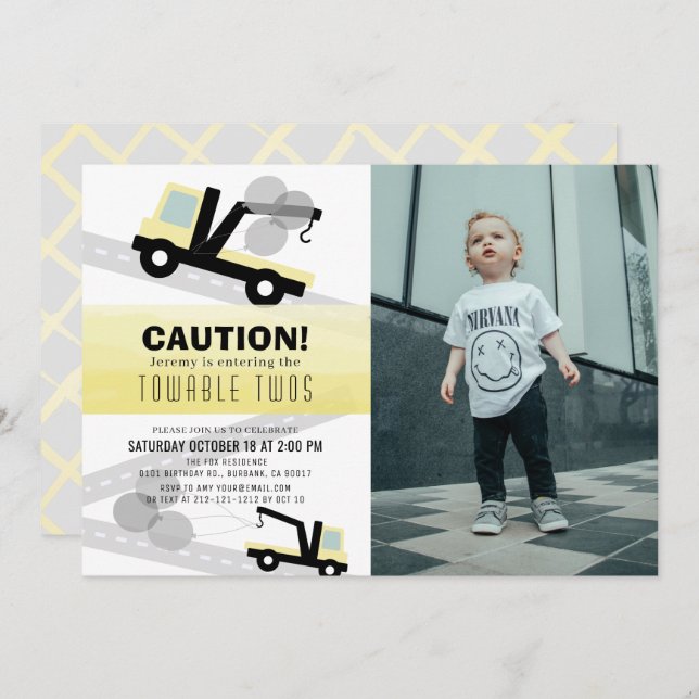 Towable Twos Wrecker 2nd Birthday Invitation (Front/Back)