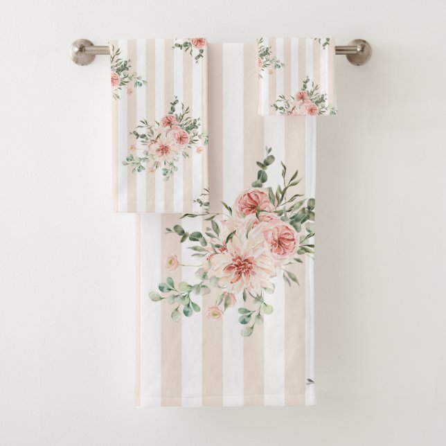 Towel Set Blush Pink Floral Vert. White Stripes (Insitu)